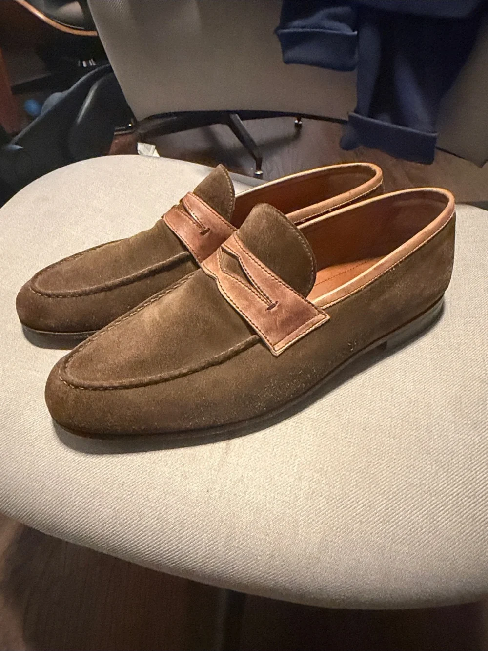 Bonton Brown Suede Penny Loafers with Leather Strap